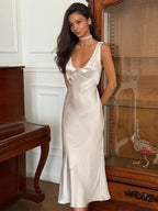 Deep Neck Satin Midi Dress – Women's Summer Party Midi Dress