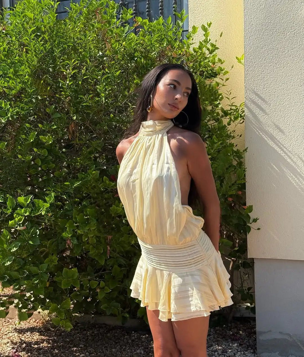 Light Yellow Backless Mini Dress – Women's Summer Party Mini Dress