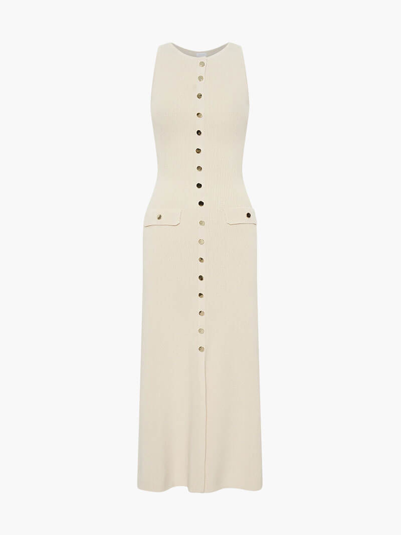 Button Front Maxi Dress with Pockets – Everyday Round Neck Dress