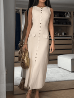 Button Front Maxi Dress with Pockets – Everyday Round Neck Dress