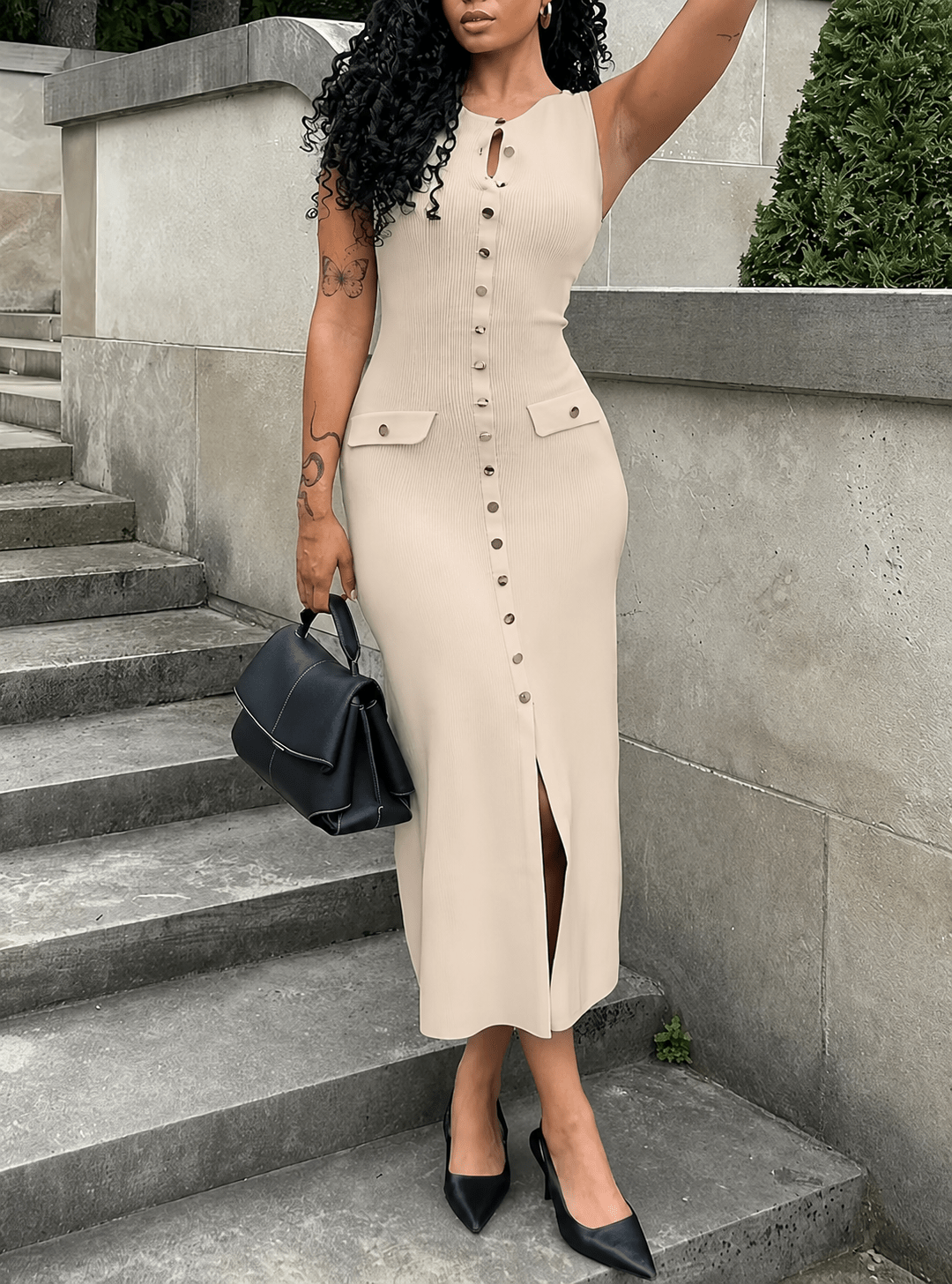 Button Front Maxi Dress with Pockets – Everyday Round Neck Dress