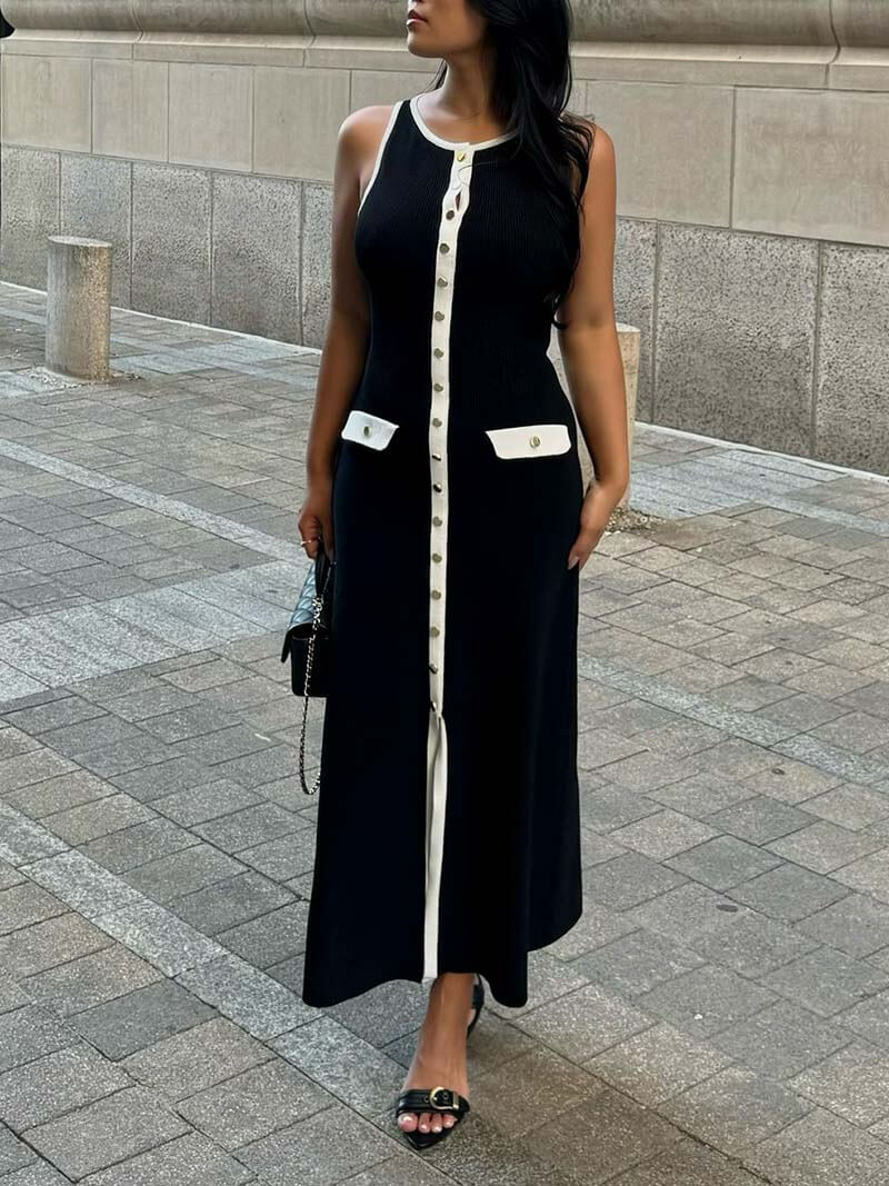 Button Front Maxi Dress with Pockets – Everyday Round Neck Dress