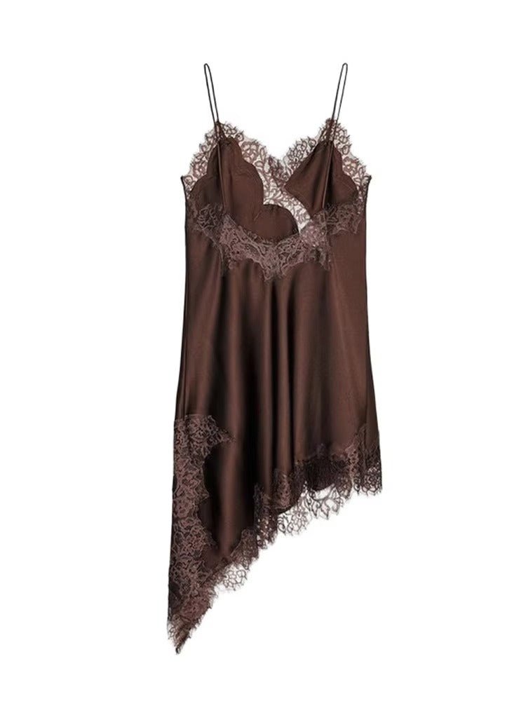 Asymmetric Satin Mini Dress with Lace Trim – Summer Party Dress