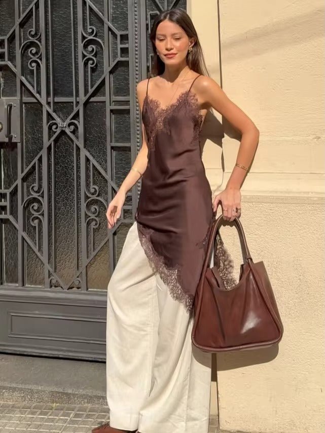 Asymmetric Satin Mini Dress with Lace Trim – Summer Party Dress