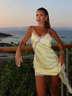 Asymmetric Satin Mini Dress with Lace Trim – Summer Party Dress