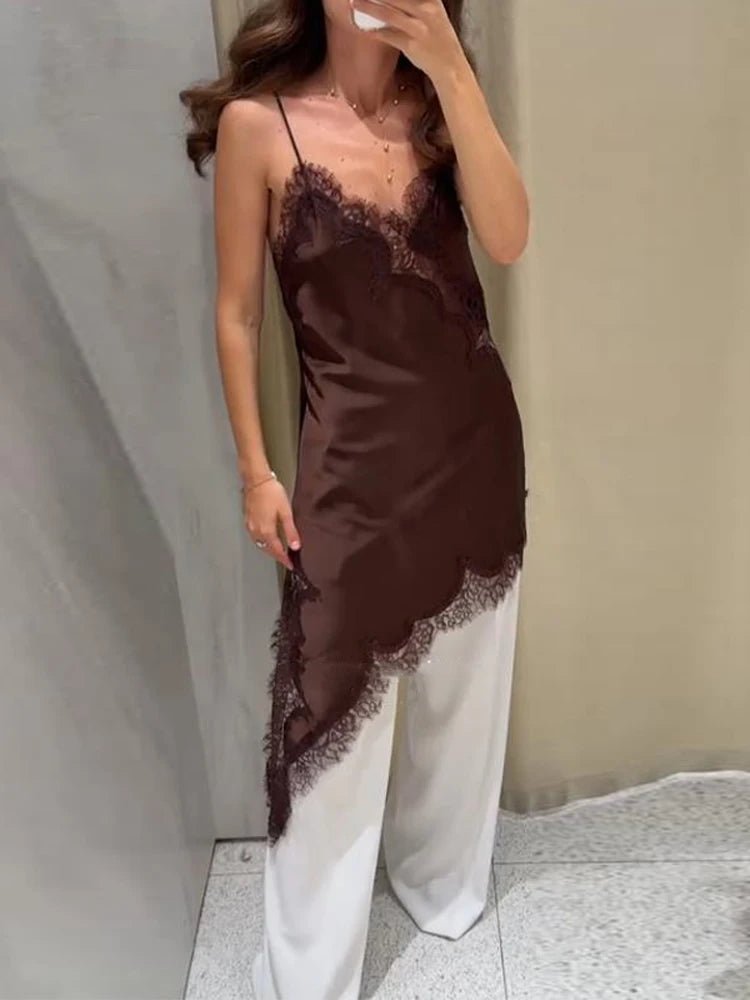 Asymmetric Satin Mini Dress with Lace Trim – Summer Party Dress