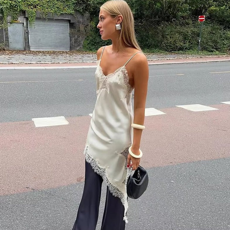 Asymmetric Satin Mini Dress with Lace Trim – Summer Party Dress