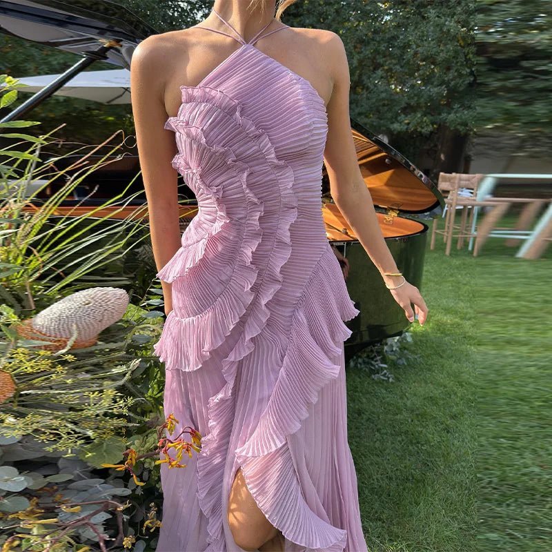 Halter Ruffled Tulle Maxi Dress – Ethereal Occasion Gown