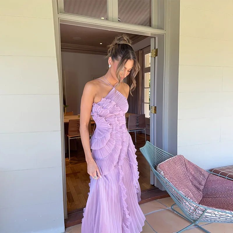 Halter Ruffled Tulle Maxi Dress – Ethereal Occasion Gown