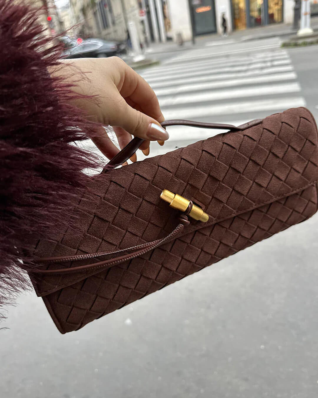 Plush Suede Look Bag with Gold Knot Detail