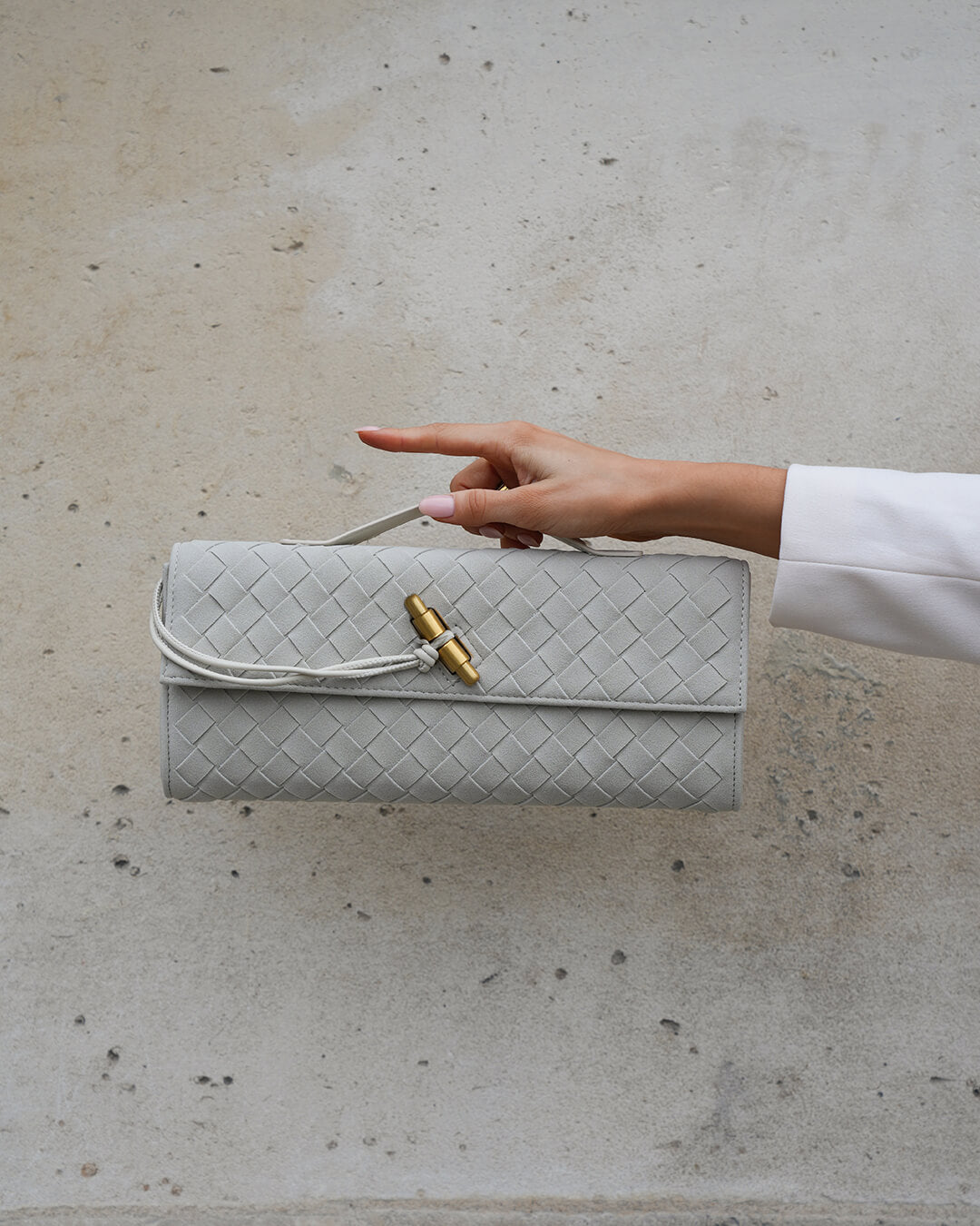 Plush Suede Look Bag with Gold Knot Detail