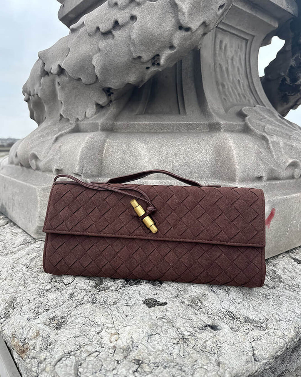 Plush Suede Look Bag with Gold Knot Detail