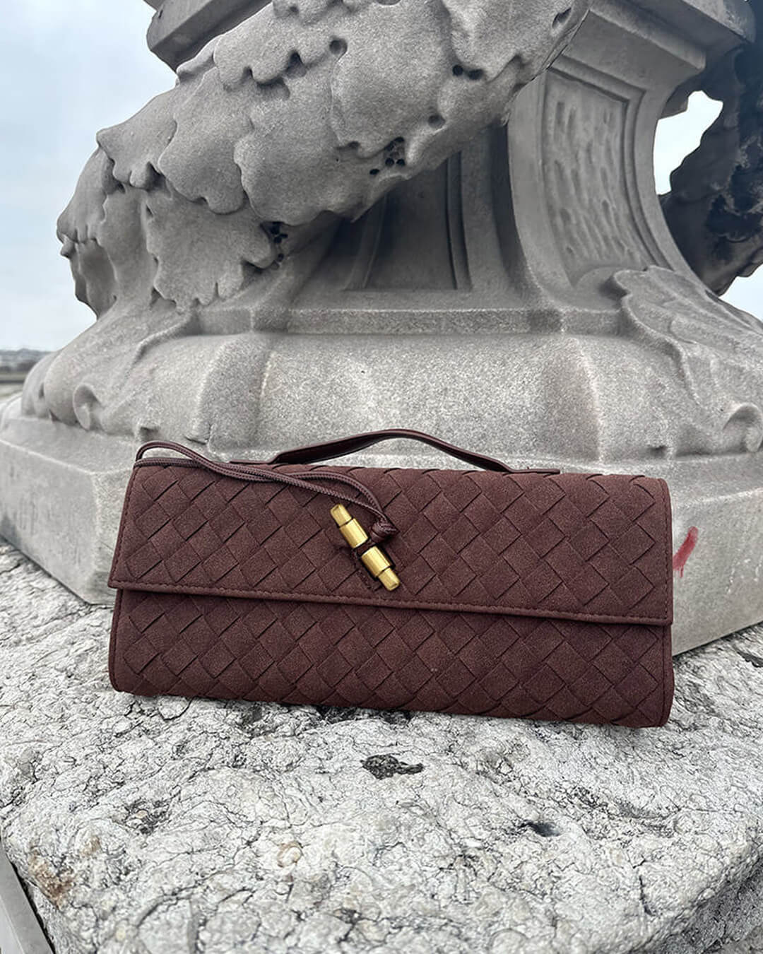 Plush Suede Look Bag with Gold Knot Detail