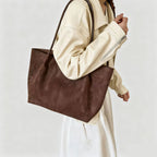Suede Look Tote Bag with Pouch – Retro Two-Piece Bag Set