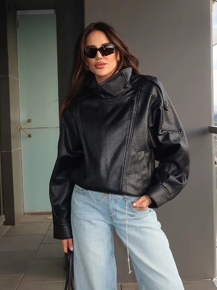 Women's Asymmetric Zip Leather Look Jacket – Modern Biker Jacket