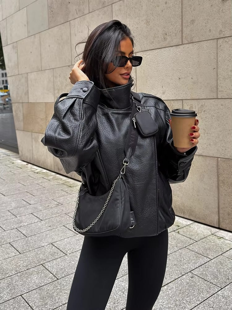Women's Asymmetric Zip Leather Look Jacket – Modern Biker Jacket