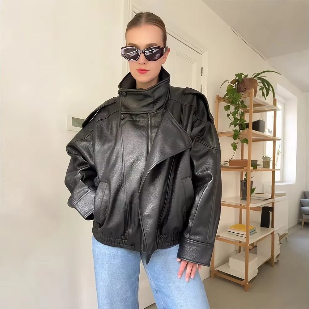 Women's Asymmetric Zip Leather Look Jacket – Modern Biker Jacket