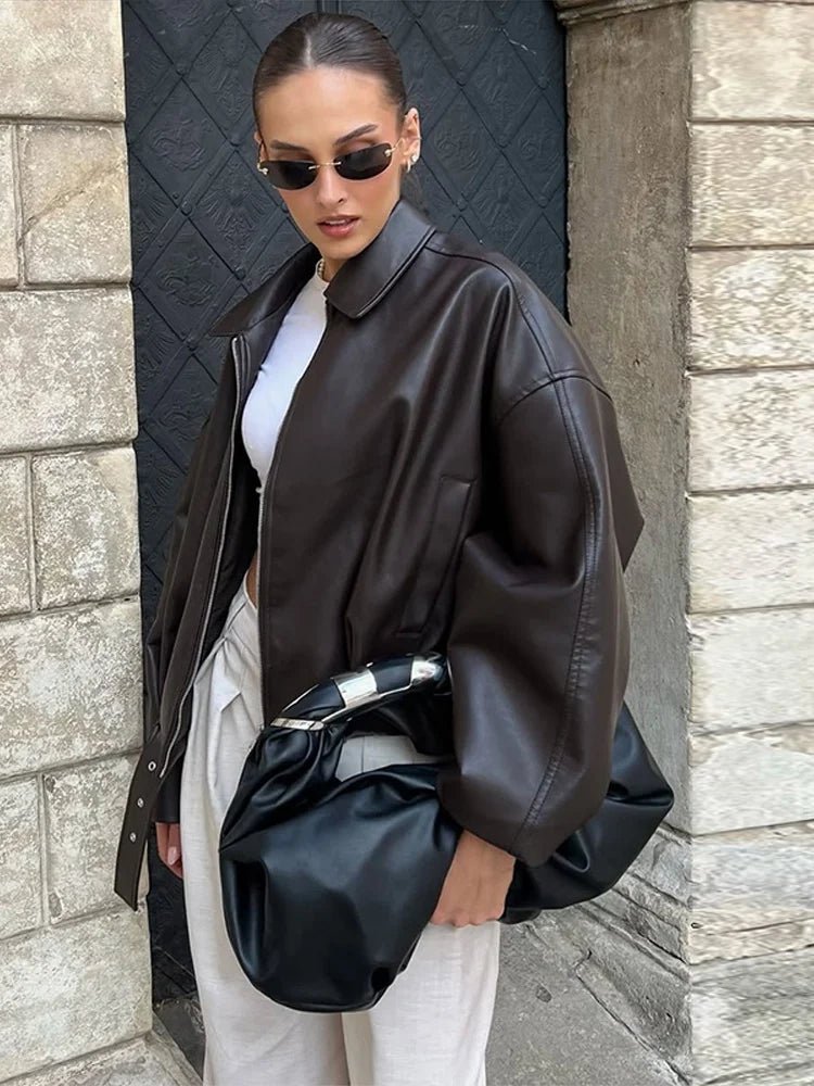 Oversized Vegan Leather Biker Jacket – Vintage Moto Jacket