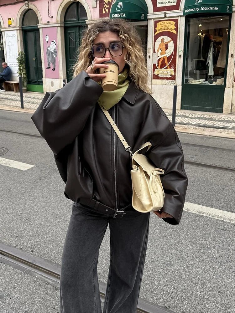 Oversized Vegan Leather Biker Jacket – Vintage Moto Jacket