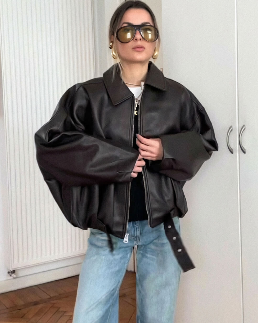 Oversized Vegan Leather Biker Jacket – Vintage Moto Jacket