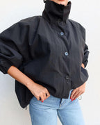 High Neck Bomber Jacket with Puff Sleeves – Tailored Statement Jacket