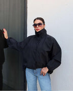 High Neck Bomber Jacket with Puff Sleeves – Tailored Statement Jacket