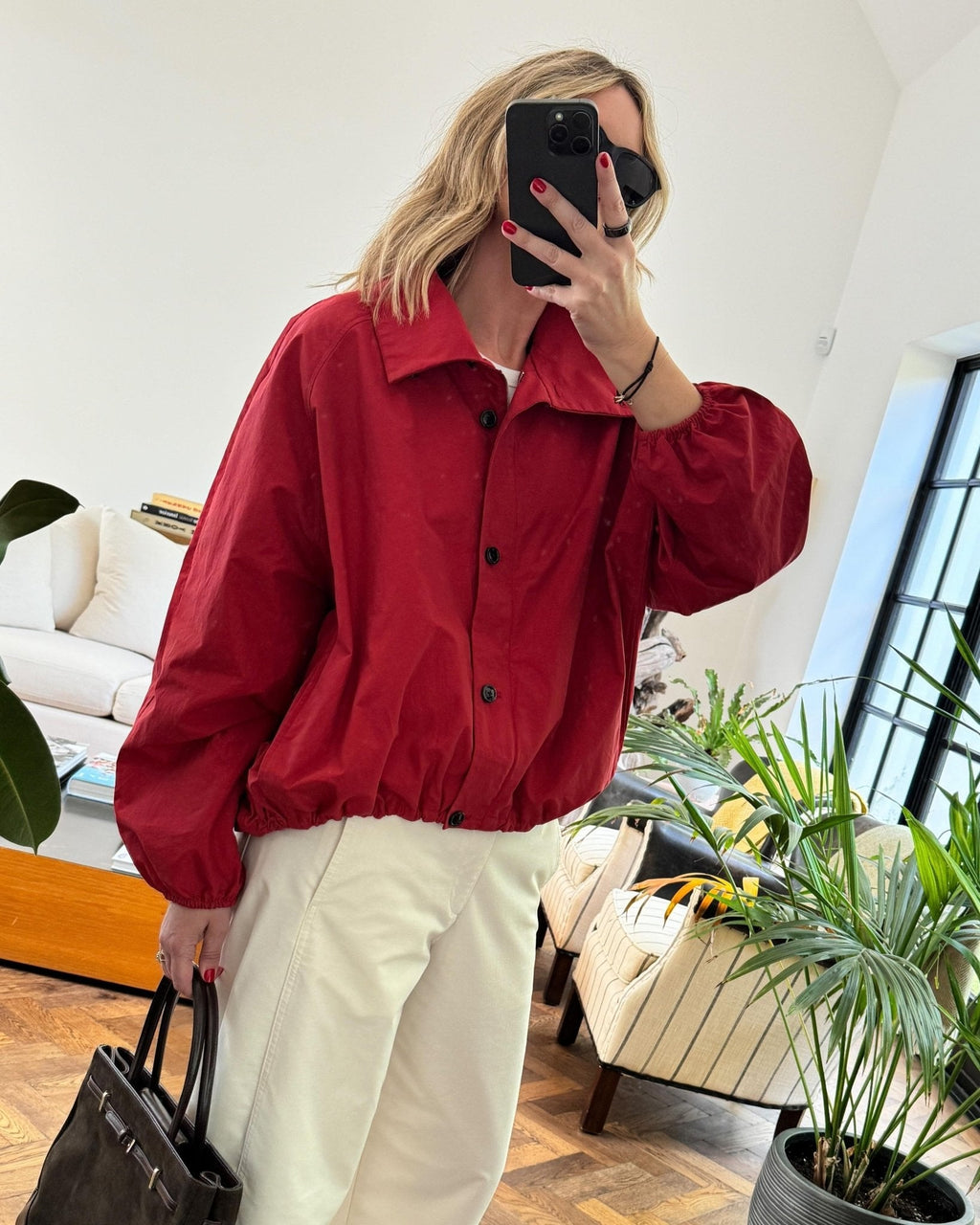 High Neck Bomber Jacket with Puff Sleeves – Tailored Statement Jacket