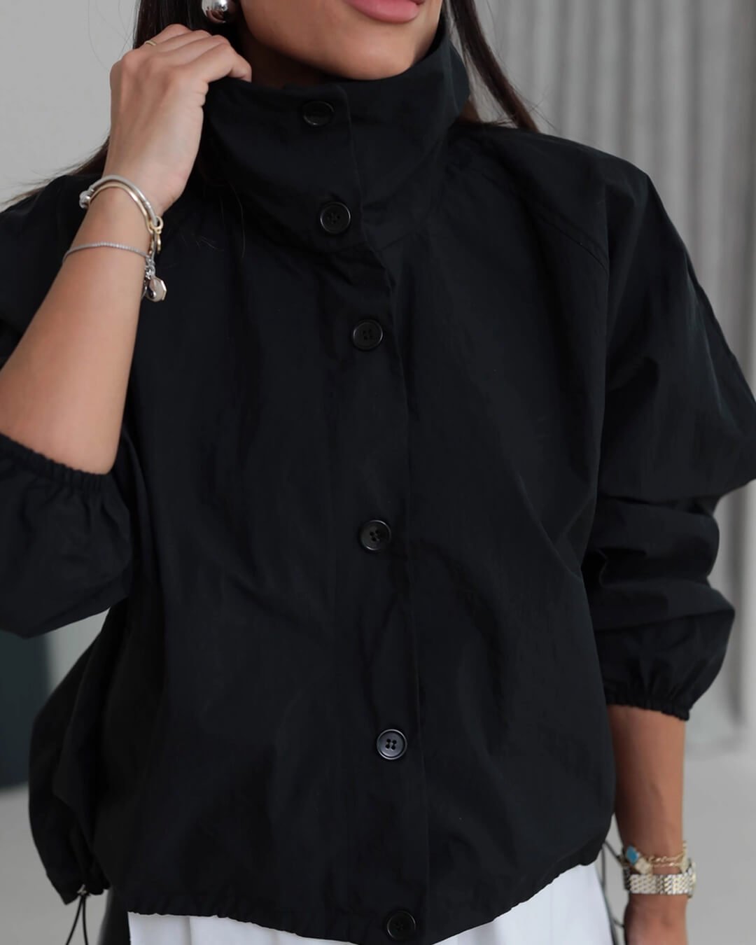 High Neck Bomber Jacket with Puff Sleeves – Tailored Statement Jacket