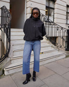 High Neck Bomber Jacket with Puff Sleeves – Tailored Statement Jacket