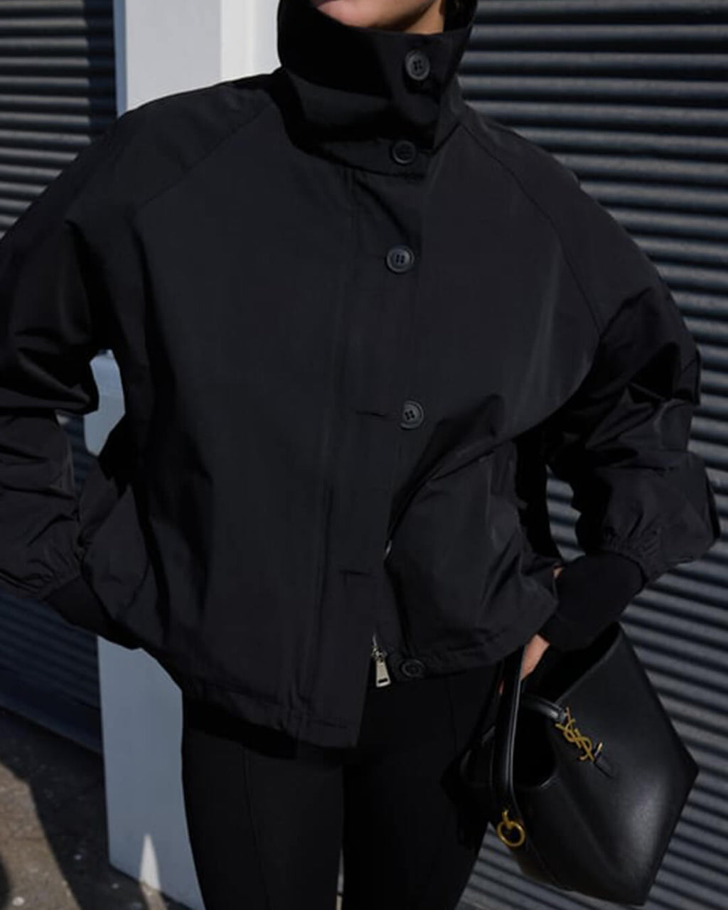 High Neck Bomber Jacket with Puff Sleeves – Tailored Statement Jacket