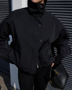 High Neck Bomber Jacket with Puff Sleeves – Tailored Statement Jacket