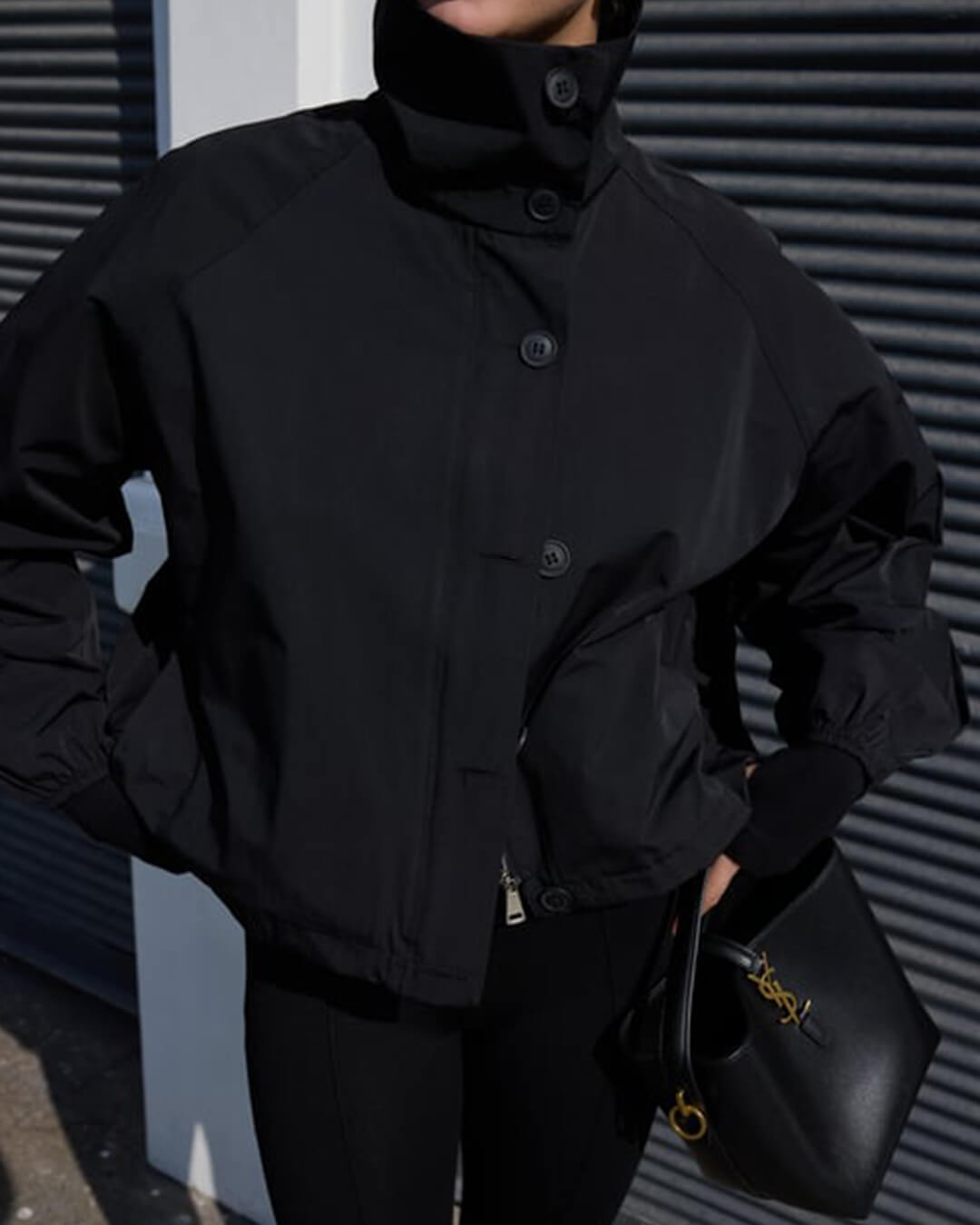 High Neck Bomber Jacket with Puff Sleeves – Tailored Statement Jacket