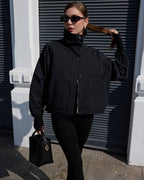 High Neck Bomber Jacket with Puff Sleeves – Tailored Statement Jacket