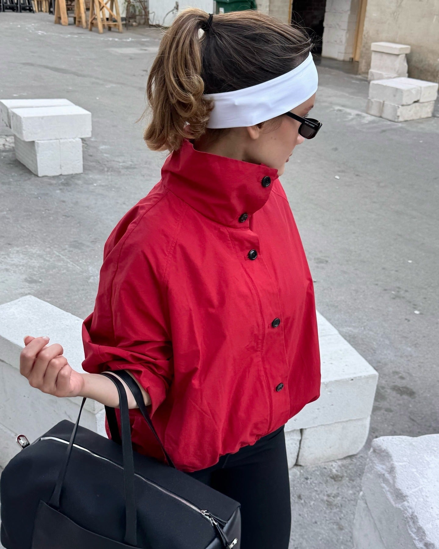 High Neck Bomber Jacket with Puff Sleeves – Tailored Statement Jacket