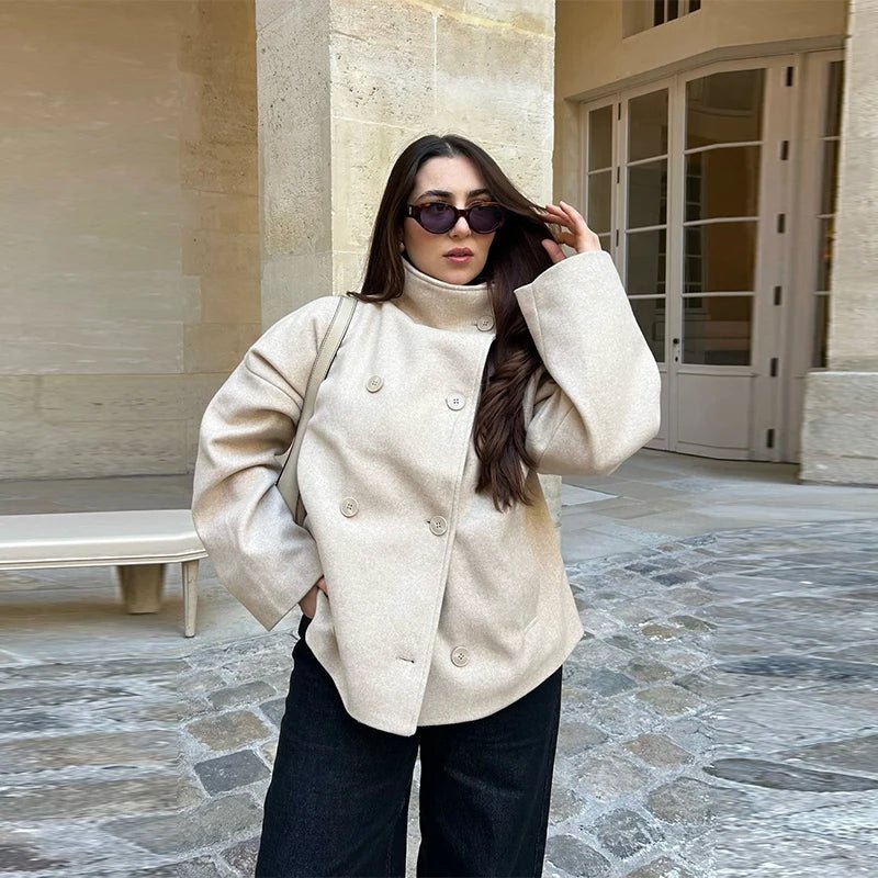 Double Breasted Jacket with Stand Collar – Relaxed Fit Short Coat