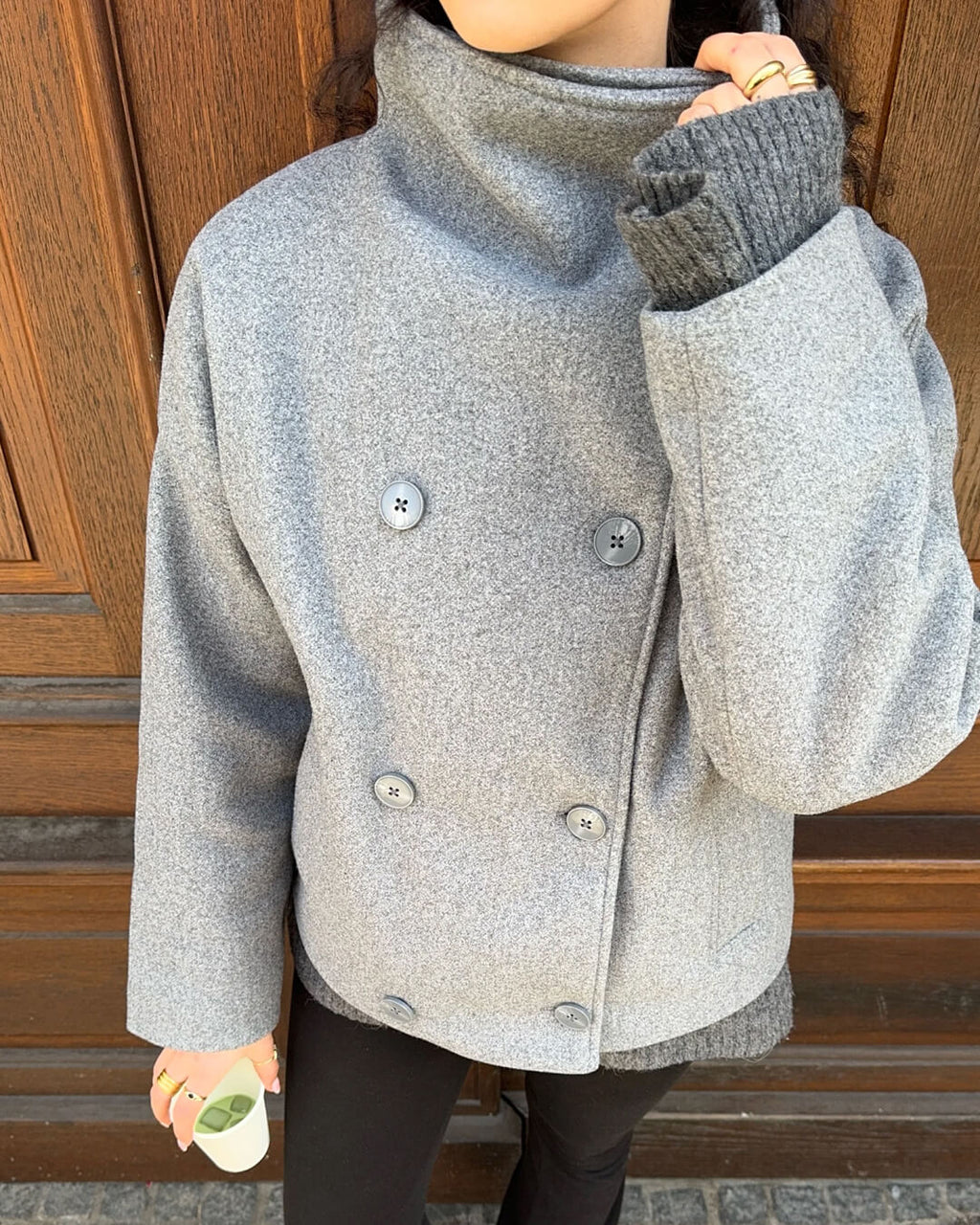 Double Breasted Jacket with Stand Collar – Relaxed Fit Short Coat