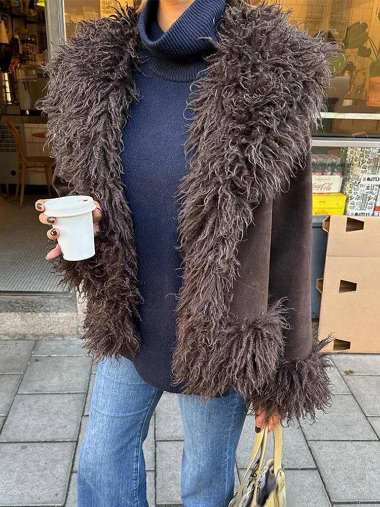 Vintage Style Plush Faux Fur Coat – Open Front Lapel Coat