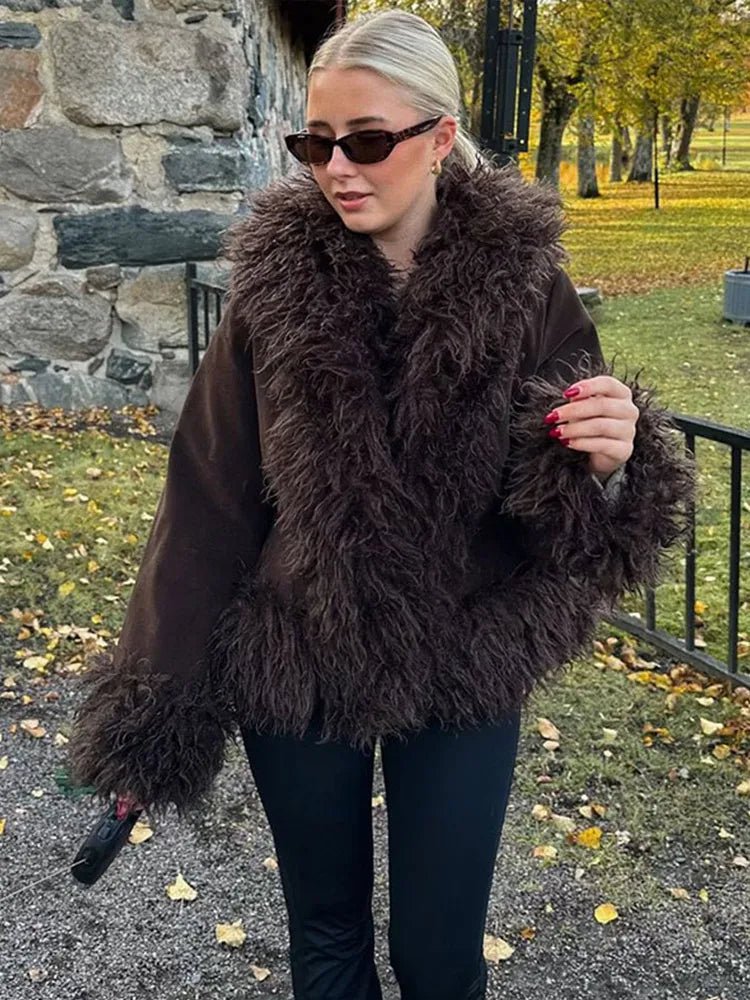 Vintage Style Plush Faux Fur Coat – Open Front Lapel Coat