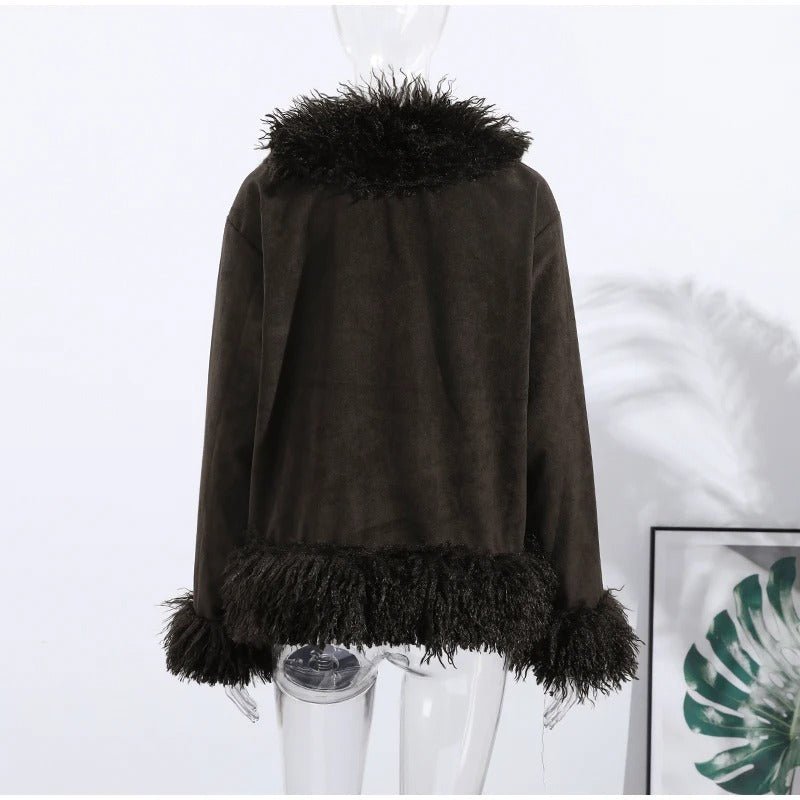 Vintage Style Plush Faux Fur Coat – Open Front Lapel Coat