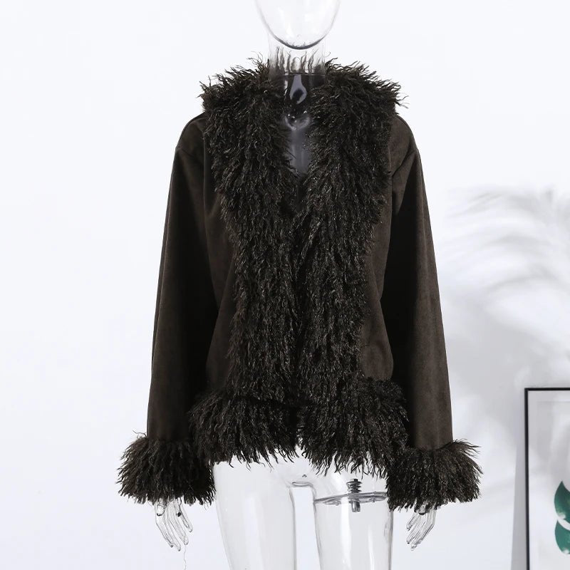 Vintage Style Plush Faux Fur Coat – Open Front Lapel Coat