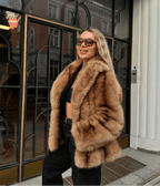 Brown Faux Fur Coat with Turn-Down Collar – Covered Button Coat