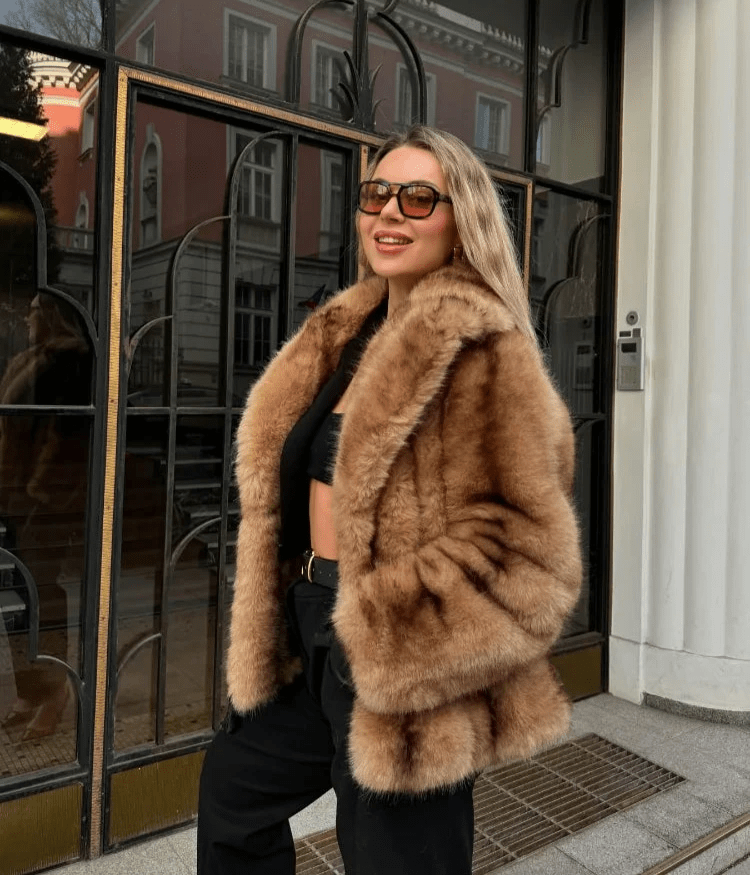 Brown Faux Fur Coat with Turn-Down Collar – Covered Button Coat
