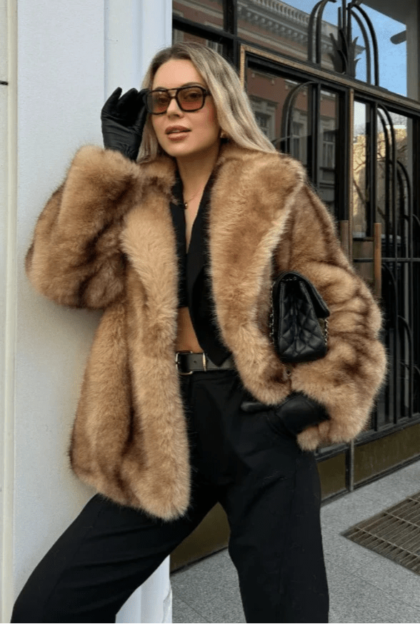 Brown Faux Fur Coat with Turn-Down Collar – Covered Button Coat