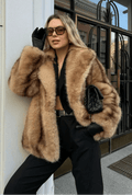 Brown Faux Fur Coat with Turn-Down Collar – Covered Button Coat