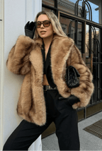 Brown Faux Fur Coat with Turn-Down Collar – Covered Button Coat