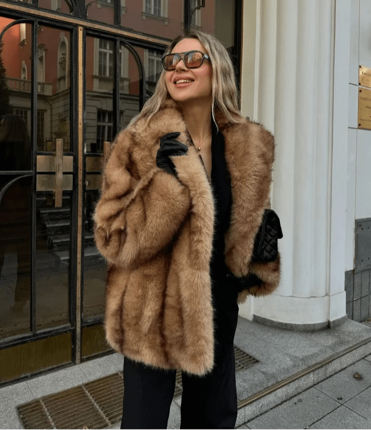 Brown Faux Fur Coat with Turn-Down Collar – Covered Button Coat