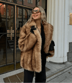 Brown Faux Fur Coat with Turn-Down Collar – Covered Button Coat