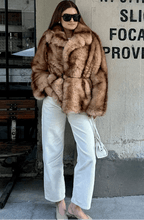 Brown Faux Fur Coat with Turn-Down Collar – Covered Button Coat