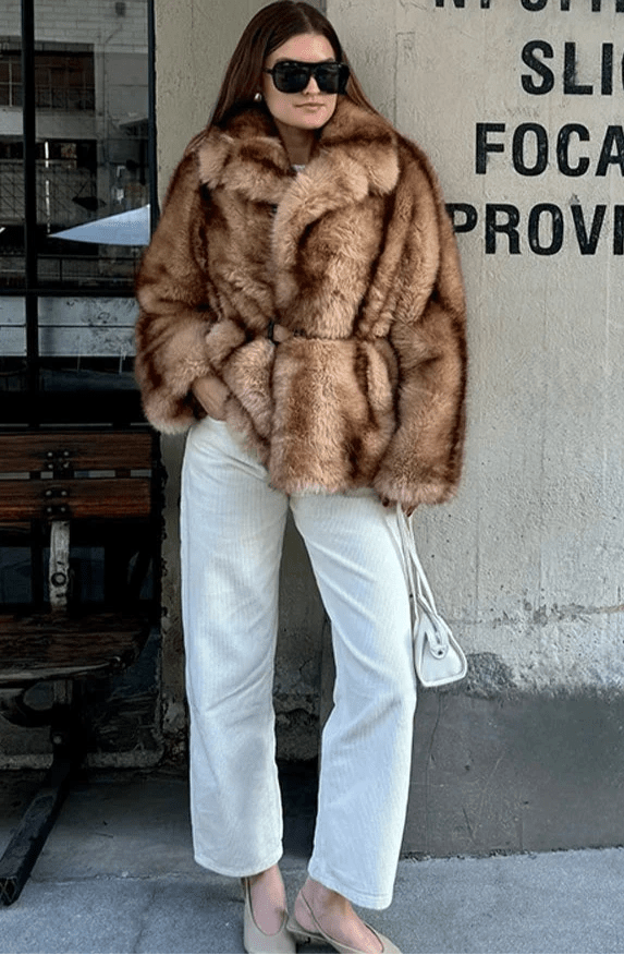 Brown Faux Fur Coat with Turn-Down Collar – Covered Button Coat