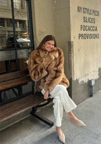 Brown Faux Fur Coat with Turn-Down Collar – Covered Button Coat